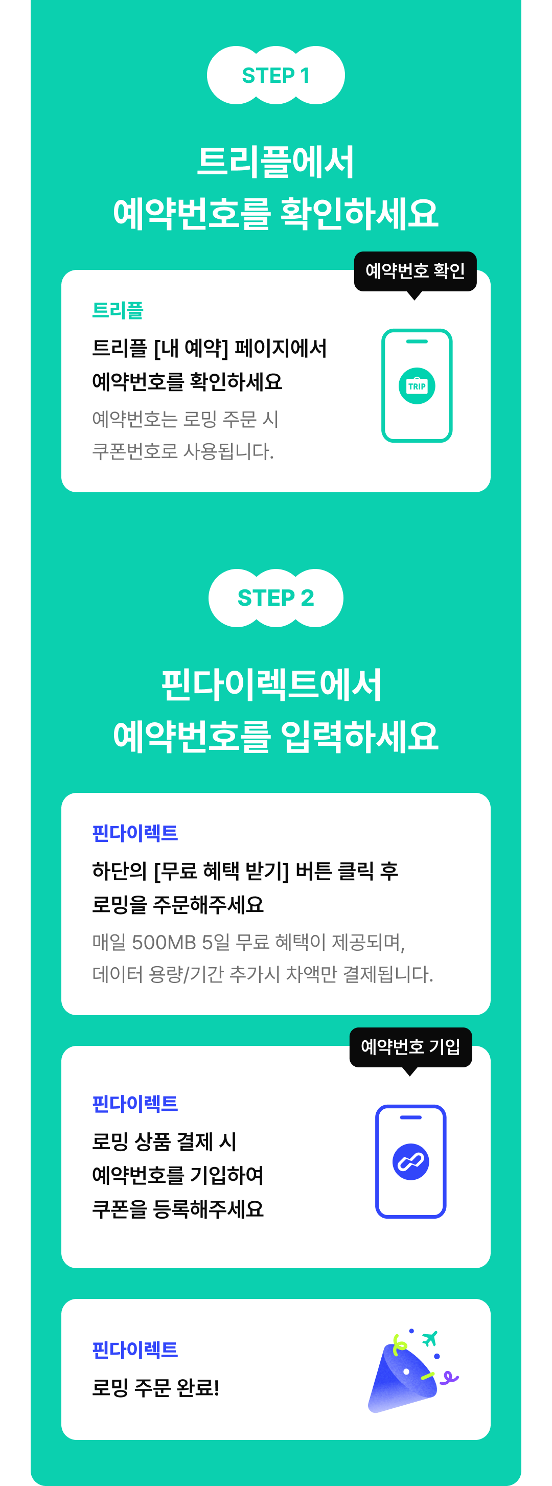 STEP 1 트리플에서 예약번호를 확인하세요, STEP 2 핀다이렉트에서 예약번호를 입력하세요
